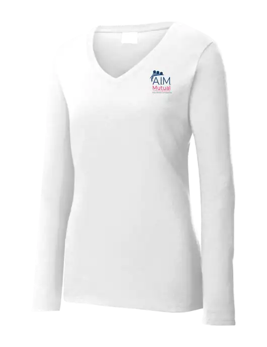 Womens  V-Neck Ring Spun White 4.5 oz Long Sleeve T-Shirt w/A.I.M. Mutual Logo