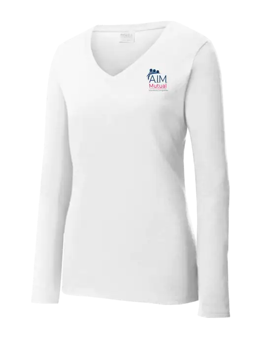 Womens  V-Neck Ring Spun White 4.5 oz Long Sleeve T-Shirt w/A.I.M. Mutual Logo