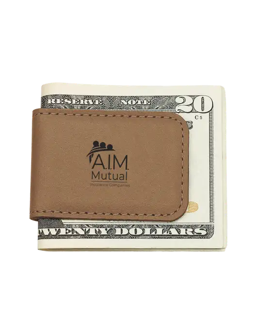 Tan Leatherette Money Clip w/A.I.M. Mutual Logo