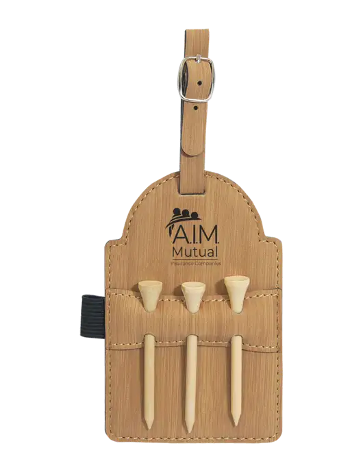 Bamboo Leatherette Golf Bag Tag with 3 Wooden Tees w/A.I.M. Mutual Logo