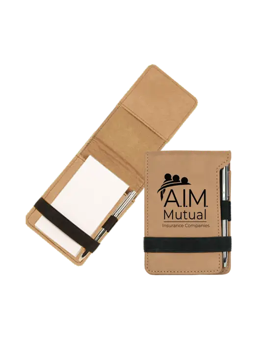 Tan Leatherette Mini Notepad with Pen,  3.25 x 4.75 w/A.I.M. Mutual Logo