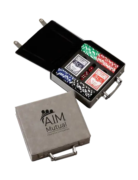 Grey Leatherette 100 Chip Poker Set w/A.I.M. Mutual Logo