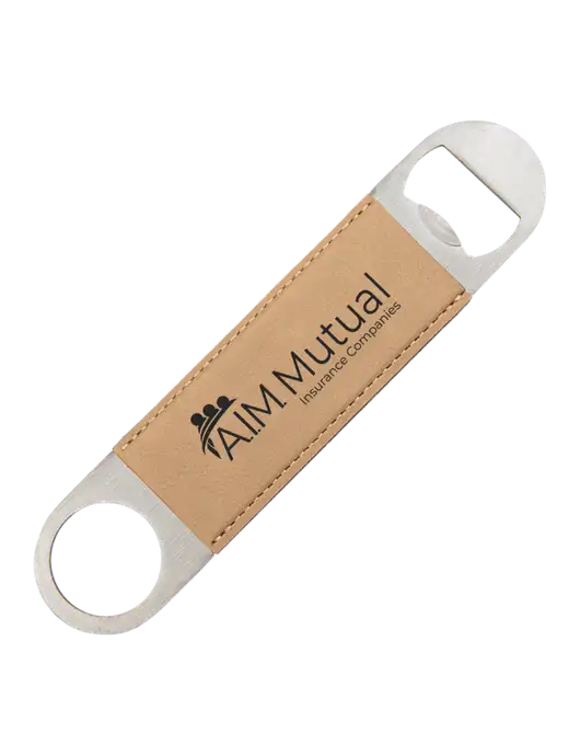 Tan Leatherette Bottle Opener w/A.I.M. Mutual Logo