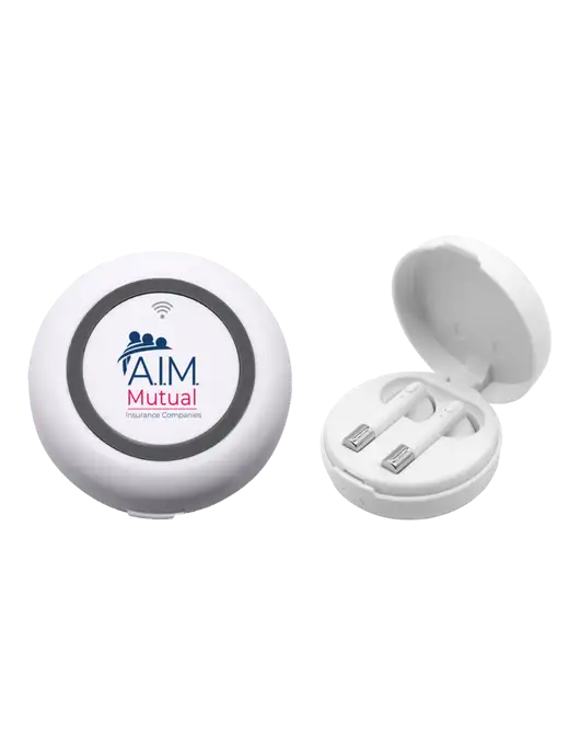 Harmony White Wireless Earbuds and Charging Pad w/A.I.M. Mutual Logo