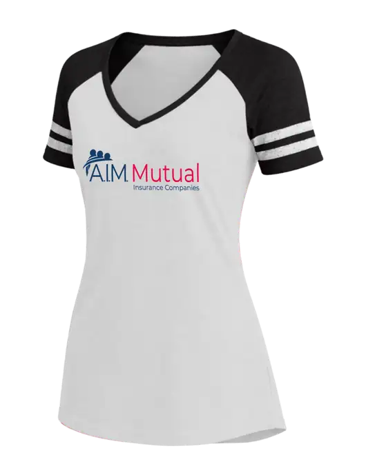 Womens White/Black V-Neck Game Tee w/A.I.M. Mutual Logo