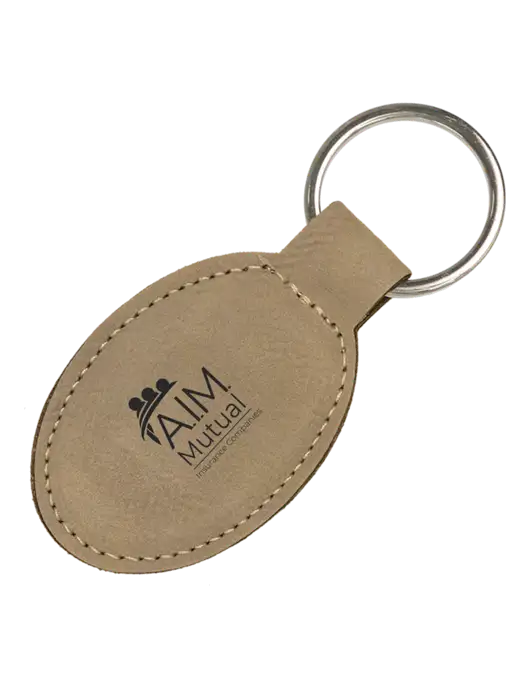 Tan Leatherette Oval Keychain w/A.I.M. Mutual Logo