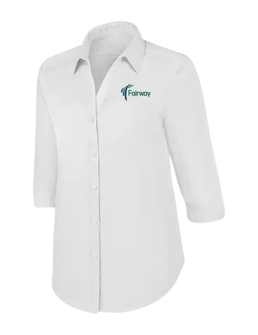 Womens White 3/4 Sleeve Carefree Poplin Shirt w/Fairway Logo