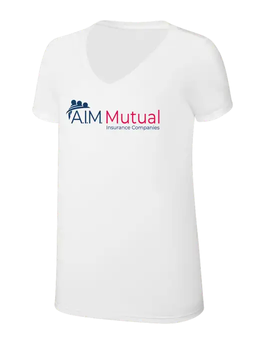 Womens Simply Soft V-Neck White 4.5oz  Poly/Combed Ring Spun Cotton T-Shirt w/A.I.M. Mutual Logo