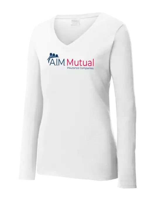 Womens  V-Neck Ring Spun White 4.5 oz Long Sleeve T-Shirt w/A.I.M. Mutual Logo