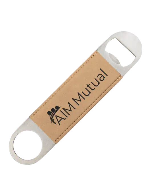 Tan Leatherette Bottle Opener w/A.I.M. Mutual Insurance Logo