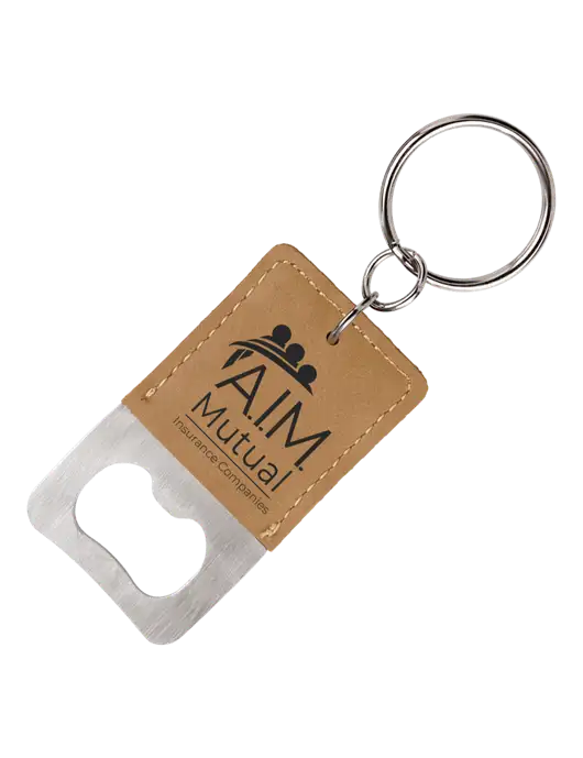 Tan Leatherette Rectangle Bottle Opener Keychain w/A.I.M. Mutual Logo