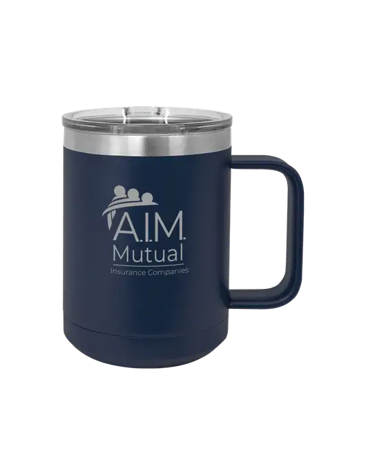 Polar Camel 15 oz Powder Coated Navy Vacuum Insulated Mug with Slider Lid w/A.I.M. Mutual Logo