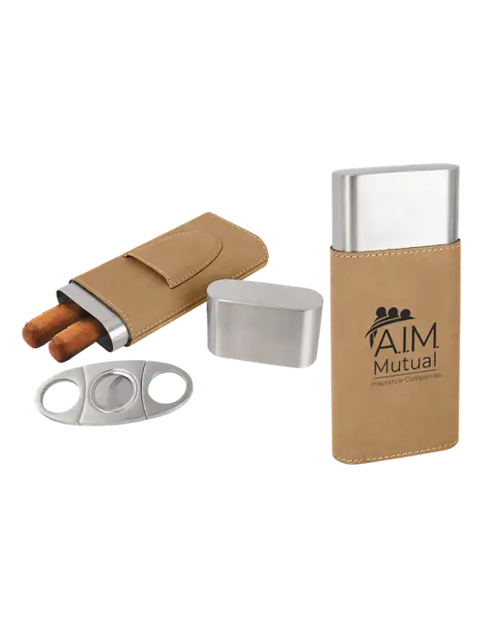 Tan Leatherette Cigar Case with Cutter w/A.I.M. Mutual Logo