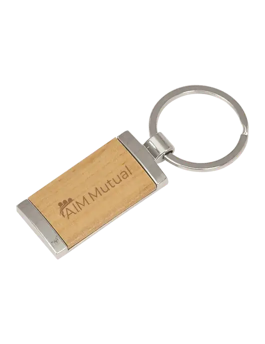 Wood & Silver Rectangle Keychain w/A.I.M. Mutual Insurance Logo