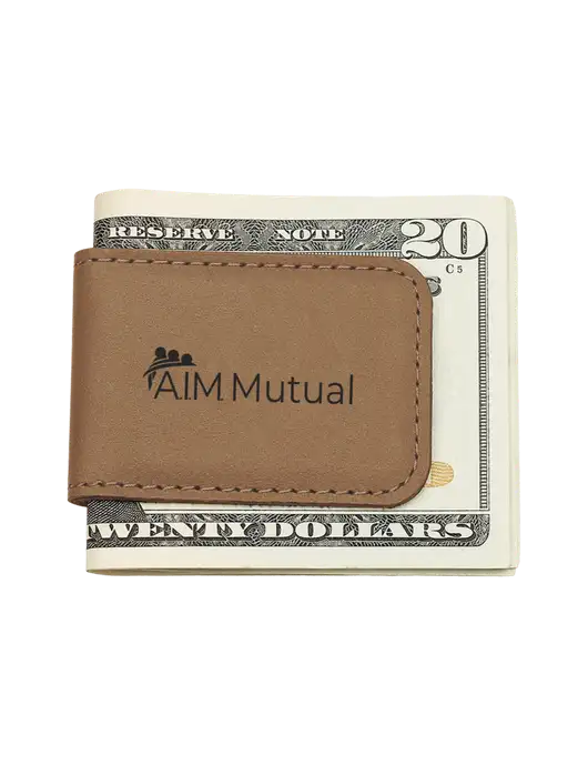 Tan Leatherette Money Clip w/A.I.M. Mutual Insurance Logo