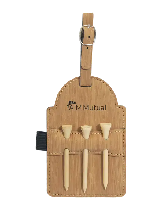 Bamboo Leatherette Golf Bag Tag with 3 Wooden Tees w/A.I.M. Mutual Insurance Logo